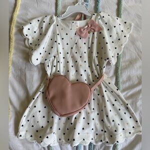 Isaac Mizrahi White flutter sleeve Dress w/ Black & Gold Hearts, matching purse